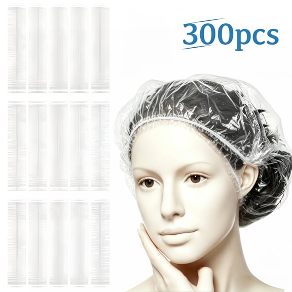 300Pcs Extra Large Disposable Shower Caps, Thick Waterproof Plastic Hair Caps , Elastic Fit for Women & Men, Perfect for Bath, Travel, Spa, Home, Hair Dye, Hotels