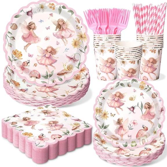 300Pcs Fairy Plates and Napkins Tableware Set (Serves 50 Guests), Plates Napkins Cups Straws and Forks Sets, Fairy 1st 2rd First Birthday Fairies Enchanted Themed Baby Shower Party Decorations Y114