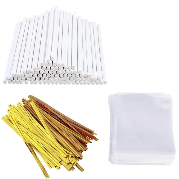 300Pcs Food Grade Paper Candy Packaging Set Paper Lollipop Stick Clear Candy Treat Bag and Gold Twist Tie Enduring