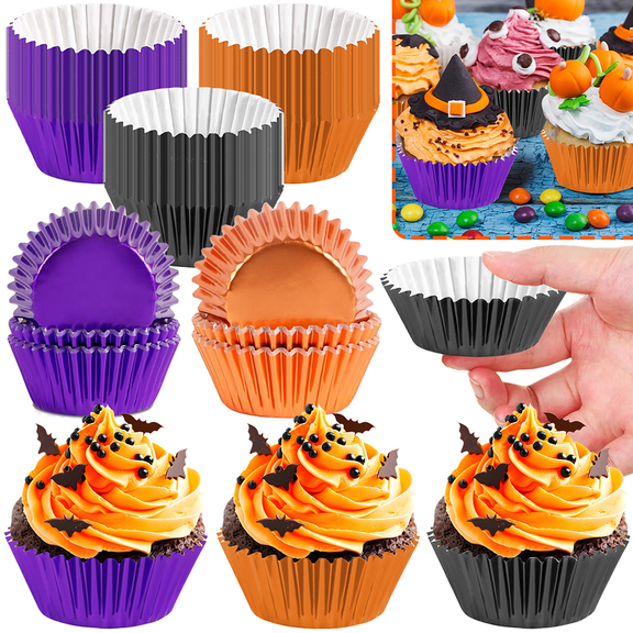 300Pcs Halloween Cupcake Liners, Orange, Black & Purple Solid Color Paper Baking Cups