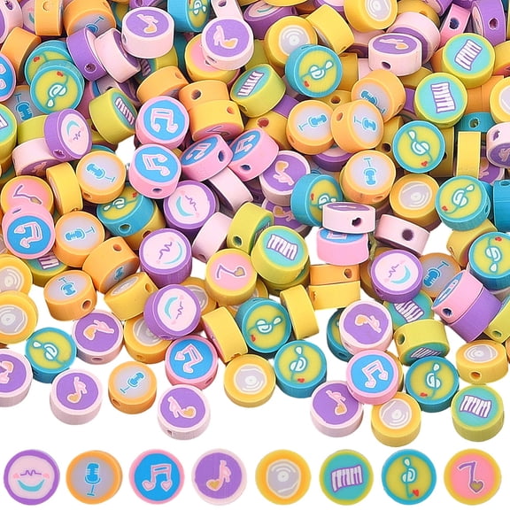 300Pcs Handmade Polymer Clay Beads Flat Round with Musical Note Pattern Mixed Color 9.5~10x4.5~5mm Hole: 1.6~1.8mm diy
