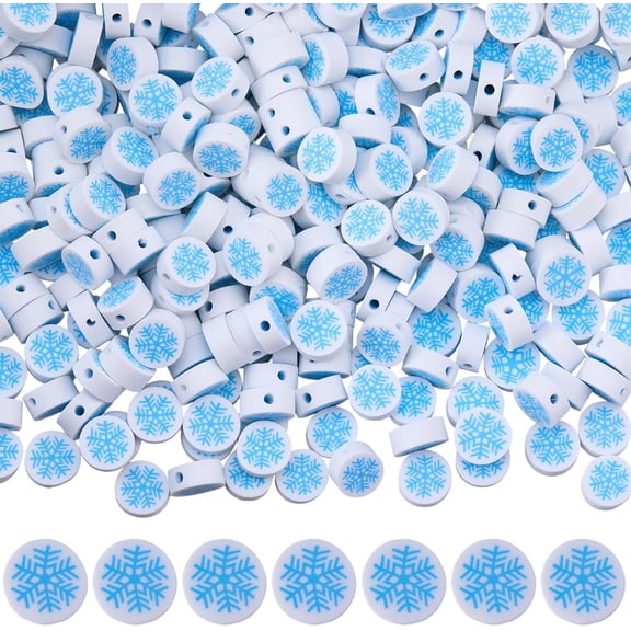 300Pcs Handmade Polymer Clay Beads Flat Round with Snowflake Pattern Blue 9x4mm Hole: 1.8mm for handmaking