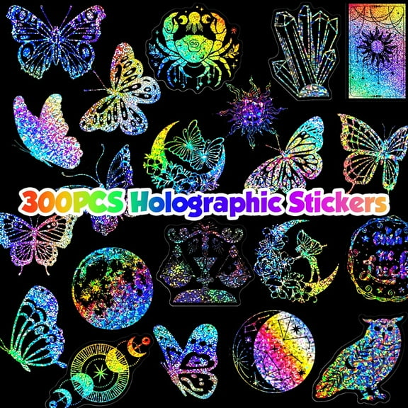 300Pcs Holographic Stickers, Waterproof Colorful Butterfly and Magic World Resin Transparent Decoration Stickers for DIY Scrapbook Journal Laptop Water Bottles