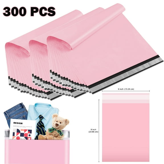300Pcs Large Poly Mailers, 6 x 9 inch Pink Waterproof and Tear-Proof Self Adhesive Large Shipping Bags, Strong Thick Mailing Bags for Clothing, Small Business