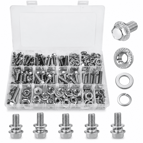 300Pcs Metric Flange Bolts Assortment, Flange Hex Bolts and Nuts Washers Kit, 304 Stainless Steel Serrated Flange Nuts and Bolts (Silver)