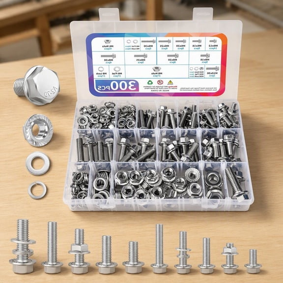 300Pcs Metric Flange Bolts Assortment Kit, M6 M8 M10 304 Stainless Steel Serrated Hex Flange Bolts Nuts and Washers Set, 12mm to 30mm, Silver