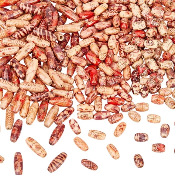 300Pcs Oval Wood Bead Barrel Wooden Beads Bulk Mixed Painted Pattern Natural Wood Column Macrame Craft Loose Spacer