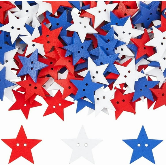 300Pcs Patriotic Craft Buttons Star Shaped Wooden Buttons with 2 Holes 25mm Red Blue White Independence Sewing Ornament Accessories for DIY Clothes Painting Crochet Scrapbooking Decoration