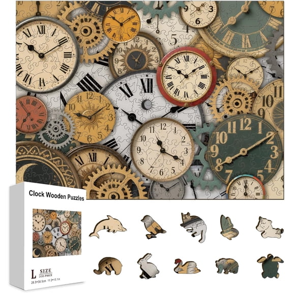 300Pcs Retro Clock Wooden Jigsaw Puzzles for Adults 15.2x11.2inch Full-Screen Clock Colorful Unique Animal Shaped Jigsaw Puzzles for Holidays Anniversary Birthday Gifts Making DIY