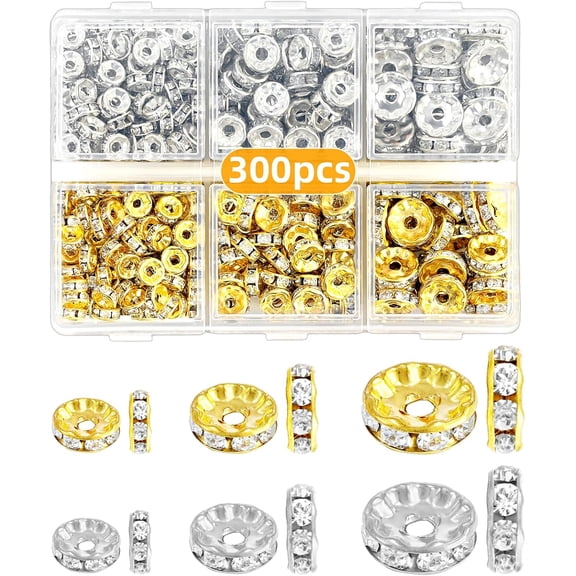300Pcs Rondelle Spacer Beads, 6mm, 8mm, 10mm Silver & Gold Bead with Holes, Rhinestone Beads for Beaded Pens, Rhinestone Large Hole Beads for Jewelry Making, Bracelets & Necklaces DIY Crafts