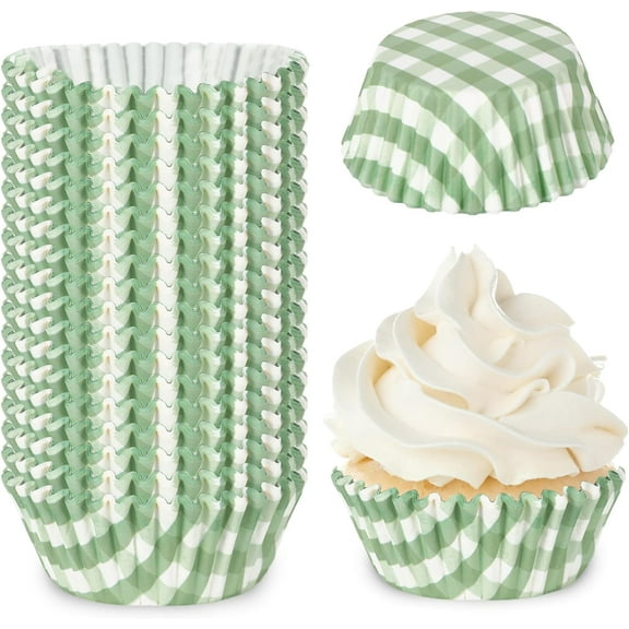 300Pcs Sage Green Plaid Paper Baking Cups Green Checkered Cupcake Liners Small Cake Baking Cups Muffin Cupcake Wrappers for One Lucky Duck Birthday Baby Shower Wedding Party, 2x1.2 Inch
