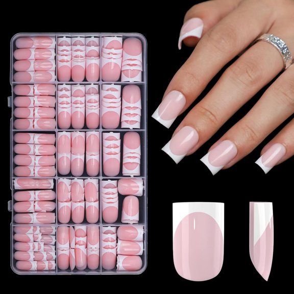 300Pcs Sharp Square French Tip Press On Nails- Gel Nail Tips Short,No File Need Tips Pre-Designed,Fake Nails for Nail Art DIY 15Sizes(Pink)