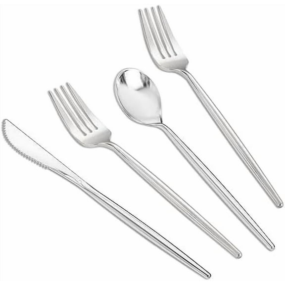 300Pcs Silver Plastic Cutlery, Silver Utensils Disposable, silver Plastic Silverware Set Include 100 Plastic Forks, 100 plastic Spoons, 100 plastic Knives Heavy Duty Flatware for Party
