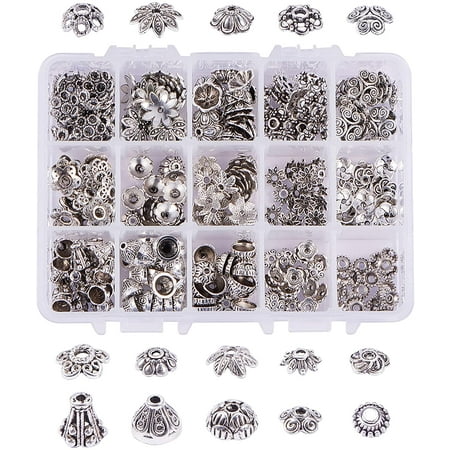 300Pcs Tibetan Style Alloy Flower Bead Caps 15 Styles for Jewelry Making Antique Silver