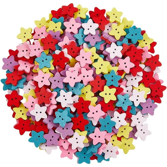 300Pcs Wooden Star Buttons Star Shaped Button Colorful Small Five-Pointed Pentagram Wood Craft Tags Embellishments with 2 Holes for Clothes Fasteners Scrapbooking Skirts DIY Art Crafting Colorful