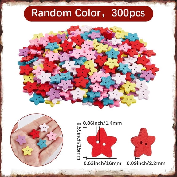 300Pcs Wooden Star Buttons Star Shaped Button Colorful Small Mini Five-Pointed Pentagram Wood Craft Tags Embellishments with 2 Holes for Clothes Fasteners Scrapbooking Skirts DIY Art Crafting
