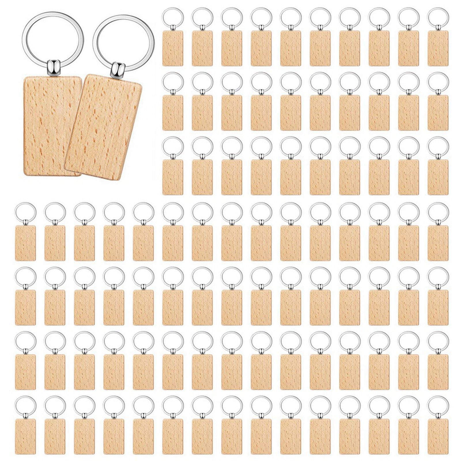 300Pieces Wooden Keychain Blanks Bulk Rectangle Wood Engraving Blanks Unfinished Wooden Key Ring Key Tag A