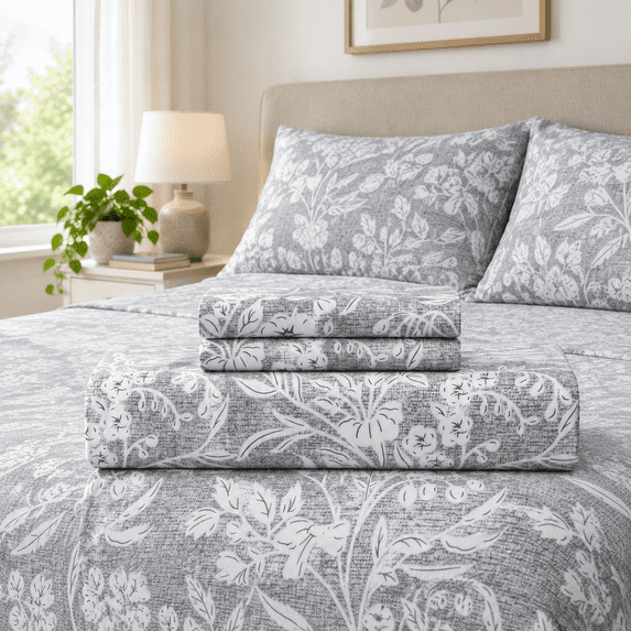 300TC Queen Size Sateen Weave 4-Piece Sheet Set, Grey Floral, 16-Inch ...