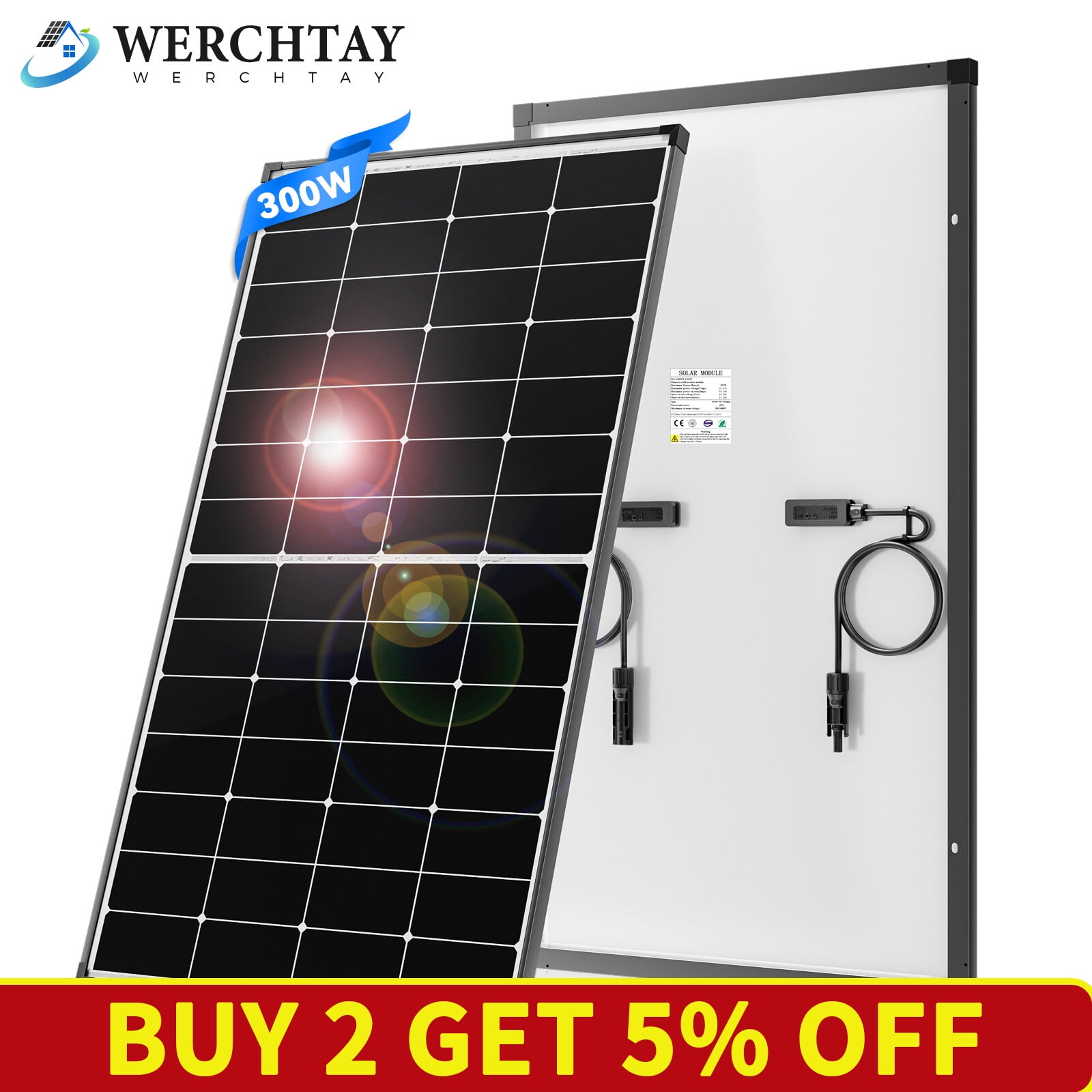 300W 12V Mono Solar Panel 25.2% Efficiency RV Home OnOff Grid Caravan Boat Power