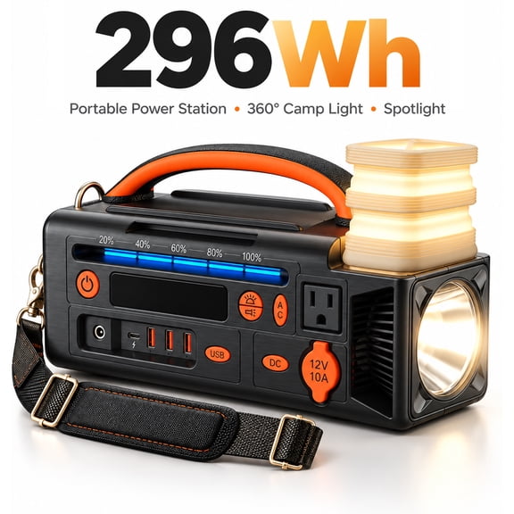 300W 296Wh Portable Power Station, 7.1lb Lightweight Solar Generator with Carrying Strap, Multi-Device Charging for Camping Travel Home Outage