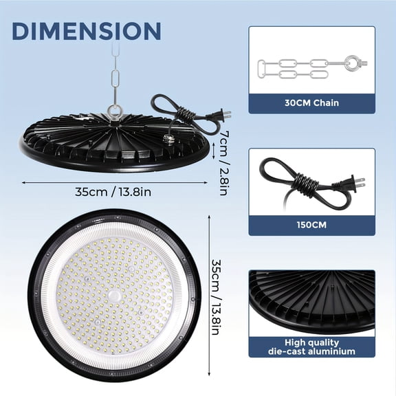 300W/500W UFO LED High Bay Light with Cooling Fan, 28000 Lumens, 6500K Cool White | 120° Wide Beam Angle, Industrial-Grade Matte Black Aviation Aluminum for Warehouse, Garage, and Workshop Lighting