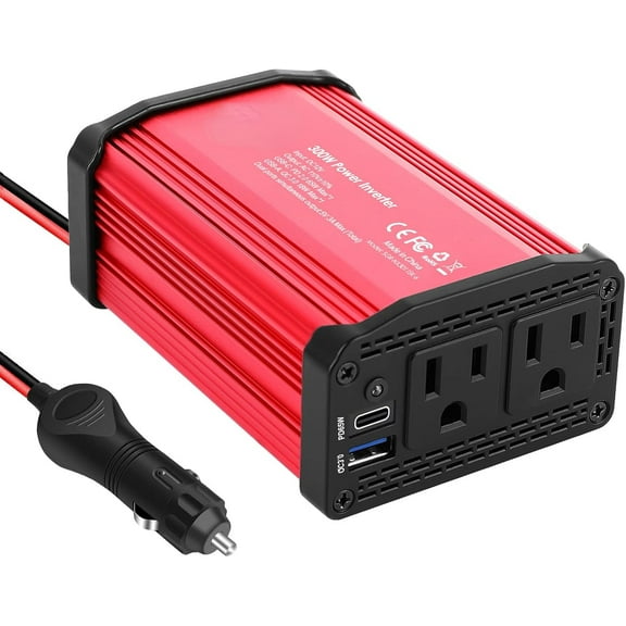 300W Car Power Inverter with 65W USB-C and 3.0 USB Port - DC 12V to 110V AC Power inverters for Vehicles Converter Fast Charging Ports Car Charger Adapter (Red)