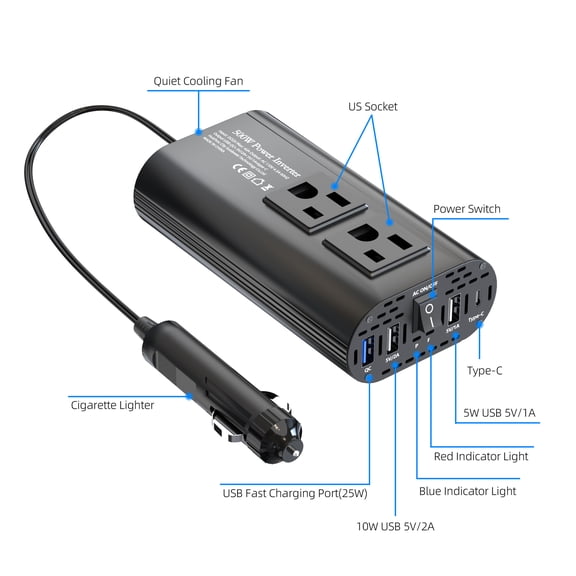 300W Car Power Inverter, DC 12V to 110V AC Car Plug Adapter Outlet with USB-Fast Chargerand Dual AC Outlet, QC3.0, 4 USB Ports, Car Charger for Laptop、Phone, etc