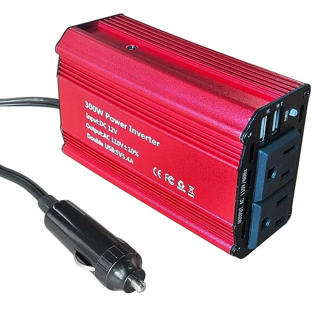 300W Car Power Inverter DC 12V to 110V AC, Car Plug Adapter Outlet with Dual USB and 2 AC Outlet
