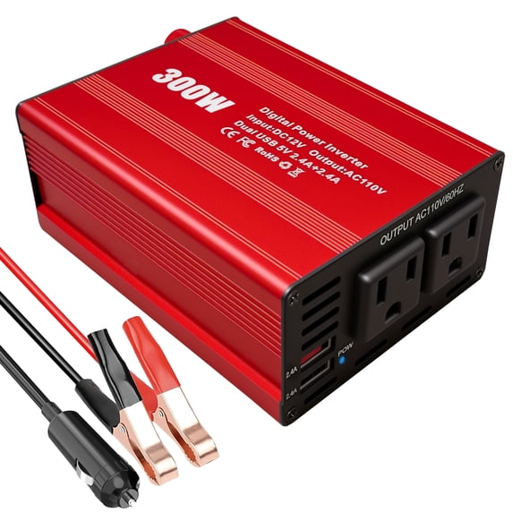 300W Car Power Inverter DC 12V to AC 110V with USB Adapter Converter Improved Sine Wave US Socket 600W Peak Power for Vehicle