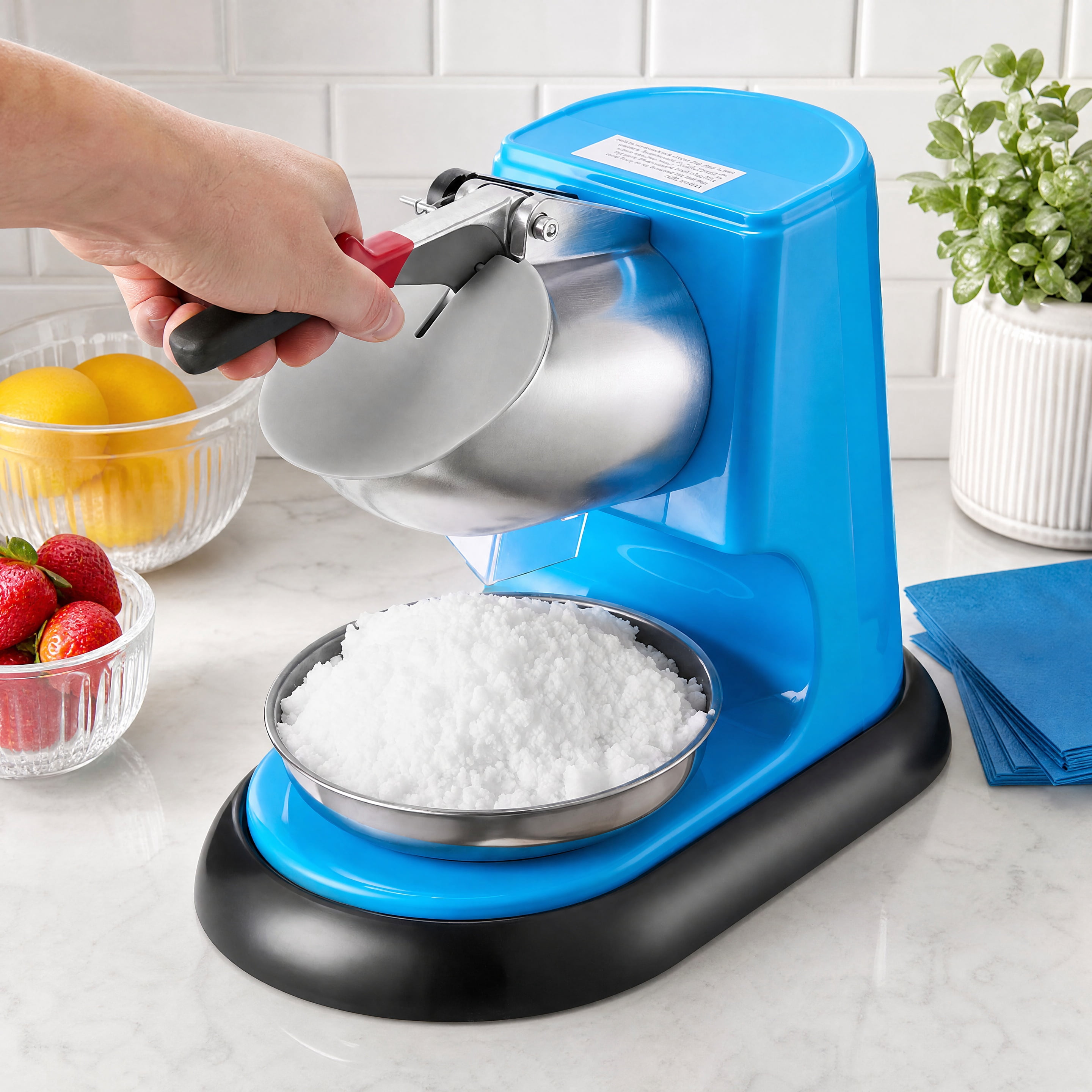 300W Commercial Electric Ice Crusher 220LBS/H Snow Cone Maker Shaved Ice Machine with 4 Stainless Steel Blades Anti‑Splash Design for Home Party Dessert Shop Blue