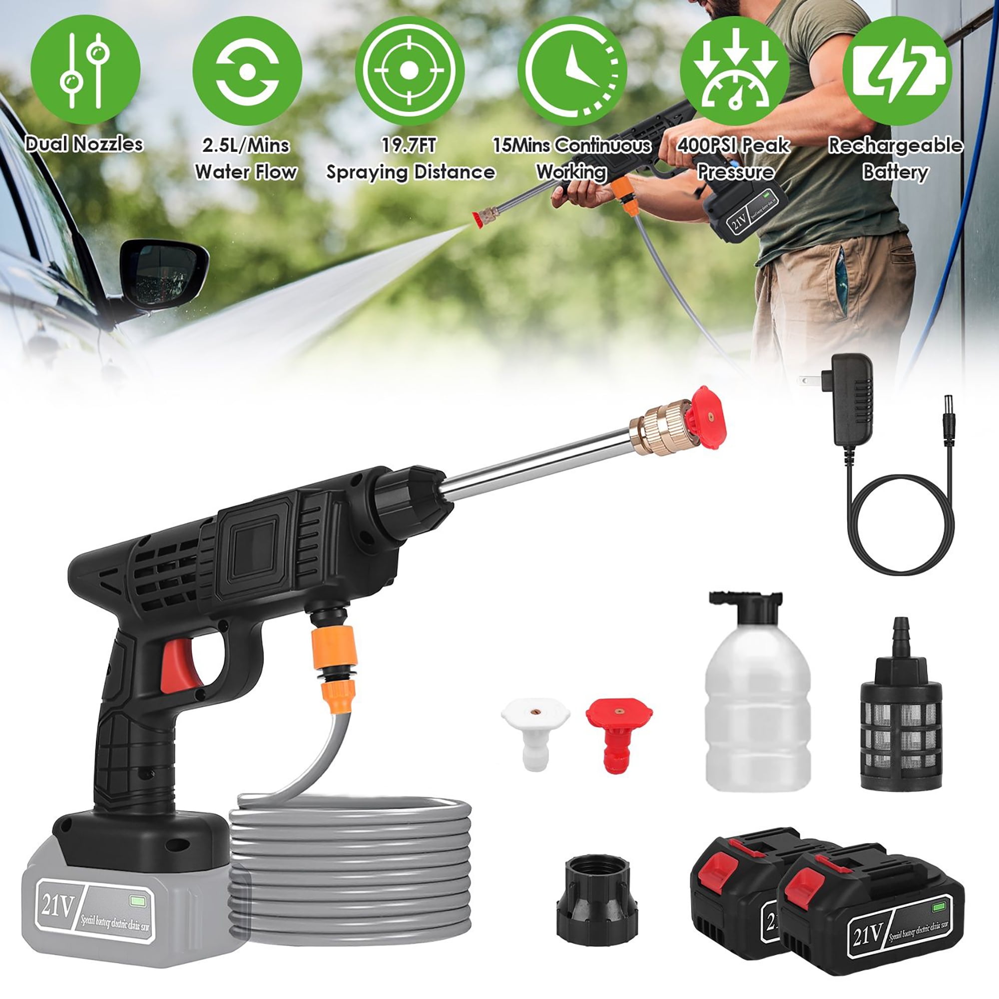 300W Cordless Pressure Washer, 400 PSI Handheld Power Cleaner with Foam Bottle & Nozzles