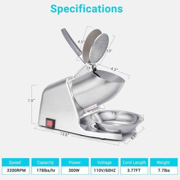 300W Dual Blade Electric Ice Shaver with Ice Pick, 178 lbs/, Silver