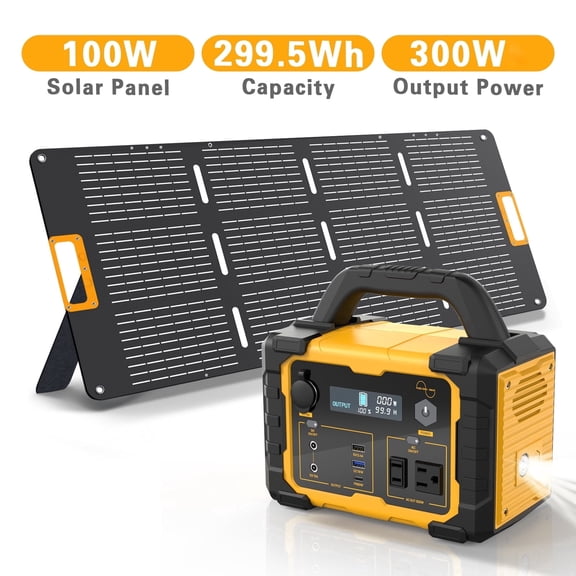 300W Portable Power Station 299Wh, Solar Generator with 100W Solar Panel, Lithium Backup Battery AC Outlet for Camping Travel Hunting Blackout Emergency