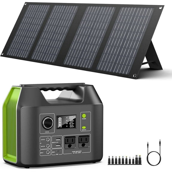 300W Portable Power Station with Foldable 40W Solar Panel, 296Wh Lithium Battery, Pure Sine Wave, AC/DC Outlets for Camping, RV, and Emergency Use