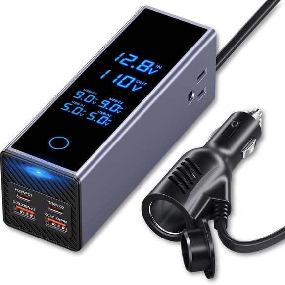 300W  Power Inverter - 12V to 110V AC Converter with 2 AC Outlets & 4 USB Ports (2 PD 36W + 2 QC3.0 30W),  Display, Cooling Fan for Laptop/CPAP/Travel