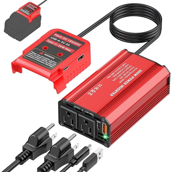 300W Power Inverter Compatible with Mil*wau*kee 18V Battery - DC 20V to AC 110V Battery Converter, Portable Power Station with PD 65W Type-C Fast Charging & 2 AC Outlet & 2 USB-A & 1 Type-C 20W