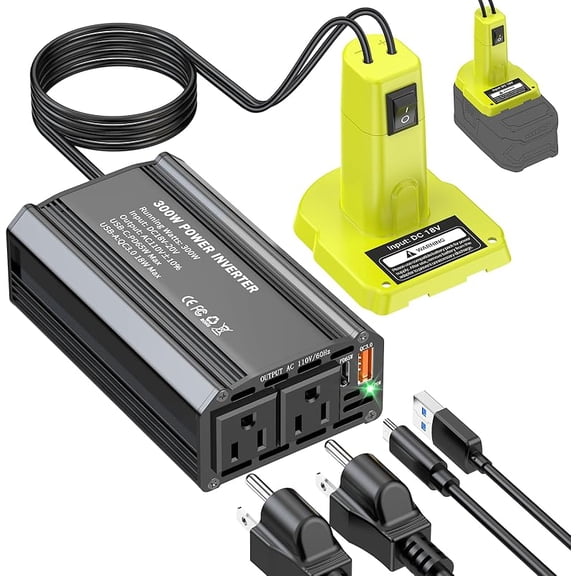 300W Power Inverter Compatible with Ryobi 18V Battery - DC 20V to AC 110V Battery Converter, Portable Power Station with PD 65W Type-C Fast Charging & 2 AC Outlet & 2 USB-A & 1 Type-C 20W