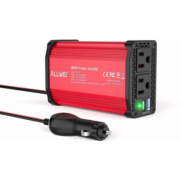 300W Power Inverter DC 12V to 110V AC, Compact Car Plug Adapter Outlet with 27W PD USB-C &18W USB-A Fast Charging, Cigarette Lighter Charger for Phone, Laptop on Road Trip - Red