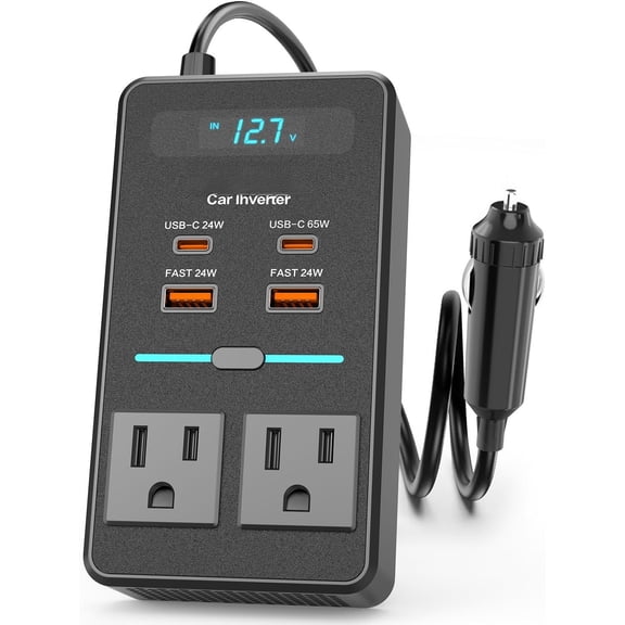 300W Power Inverter, DC 12V to 110V AC Plug Adapter with LED Display, 65W/24W USB-C Outlet Adapter to Wall Plug,Portable Charger with Control Converter for Laptops