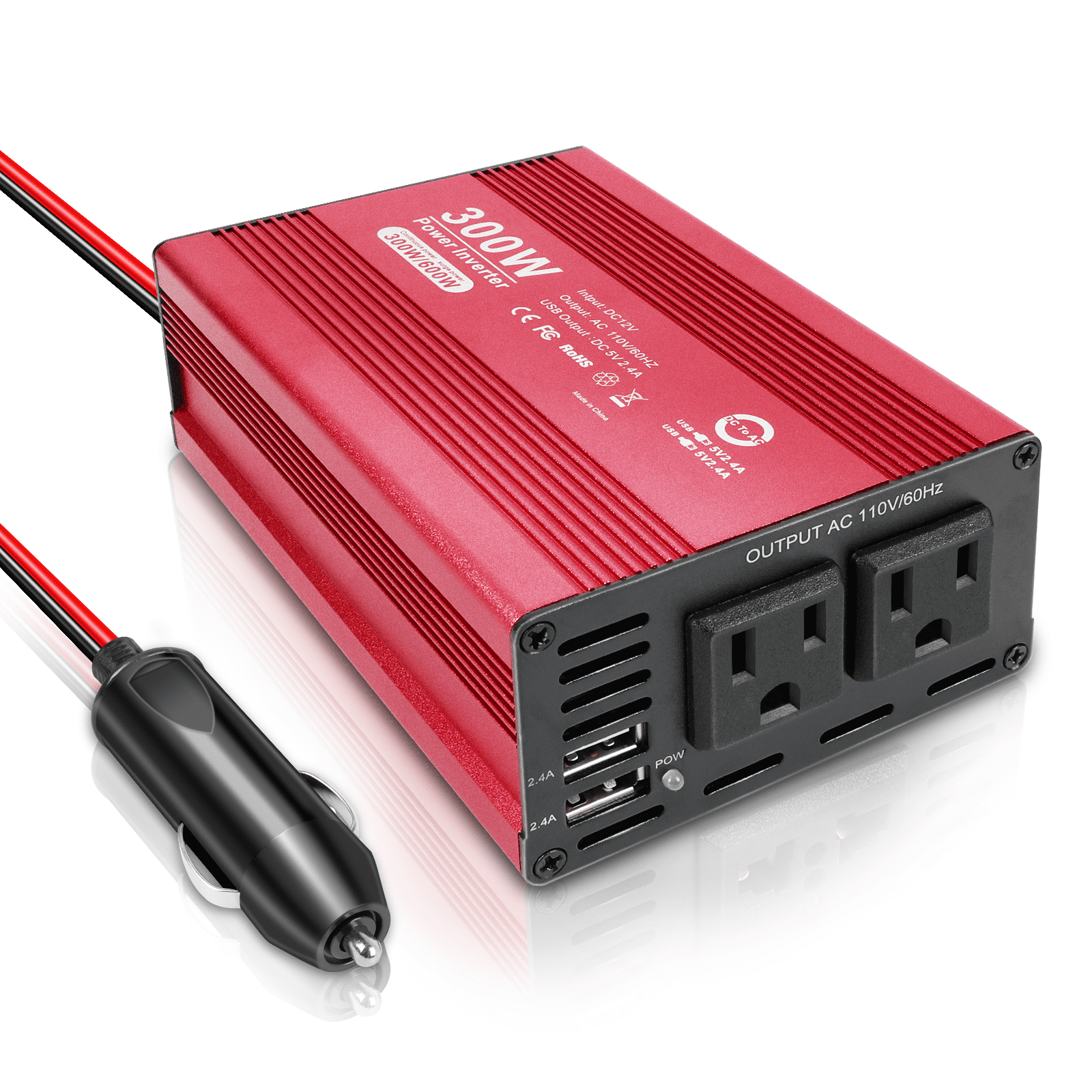 300W Power Inverter,DC 12V to 110V AC Car Converter Adapter with 2AC and 2 USB Plug,Red