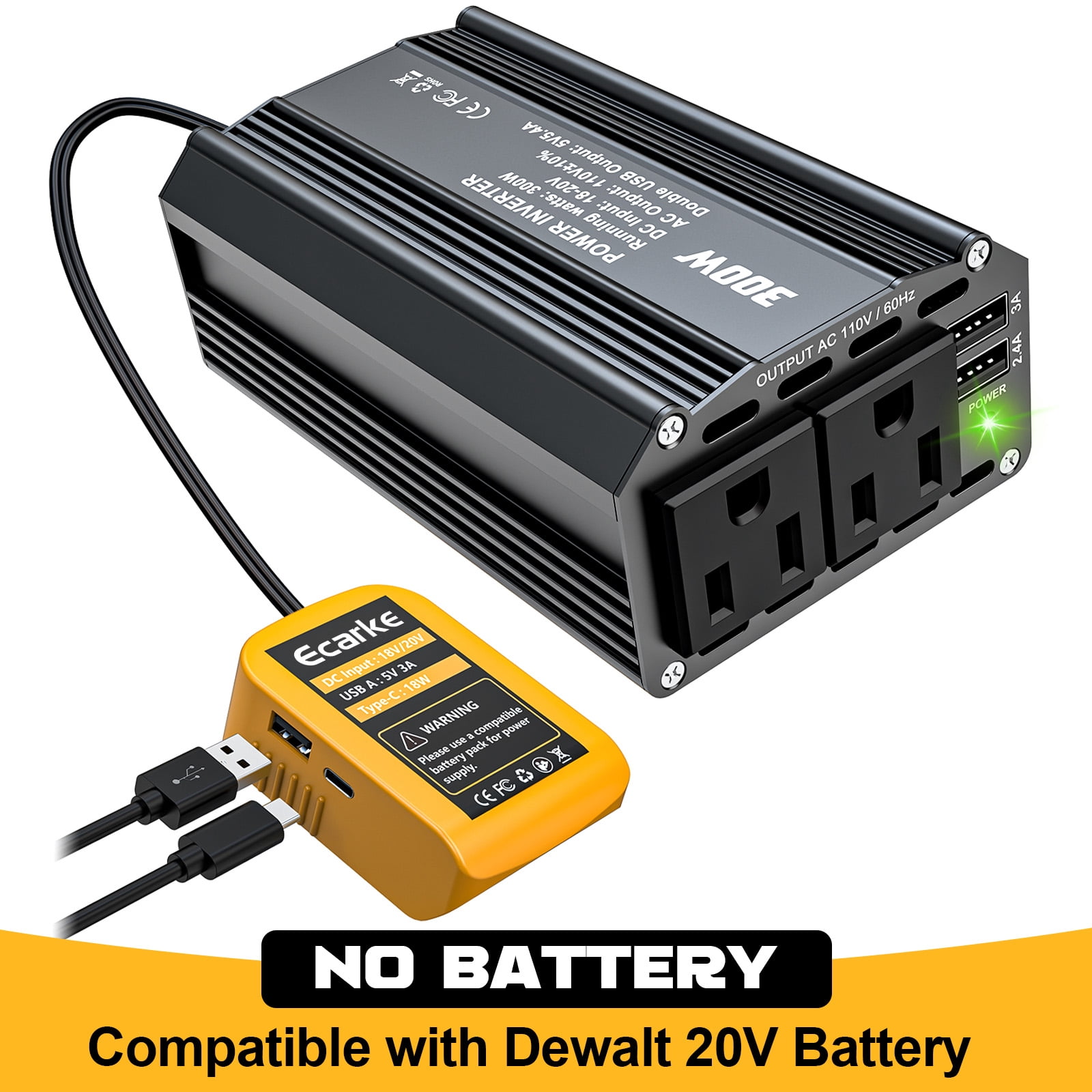 300W Power Inverter DC 20V to AC 110V Compatible with Dewalt: Battery  Inverter Charger Adapter Power Converter with 2 AC & 2 USB Ports for Car,  