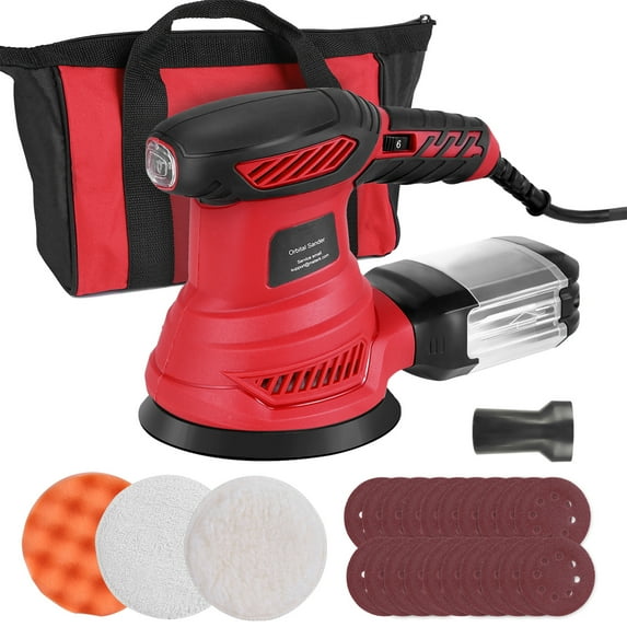 300W Power Random Orbital Sander, 6 Variable Speed 6000-13000 RPM Electric Palm Sanders with Dust Box, 20Pcs Sandpaper, Sponge, Wool Disc, Sanders for Woodworking