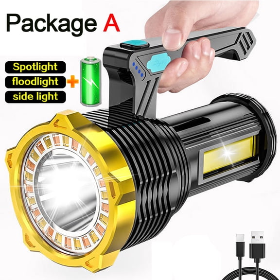 300W Super Bright LED Flashlight, 3800 Lumens USB Rechargeable Handheld Spotlight, IPX4 Waterproof, 3 Mode Portable Search Light For Camping, Hunting, Fishing, Emergency, Car, Home Security