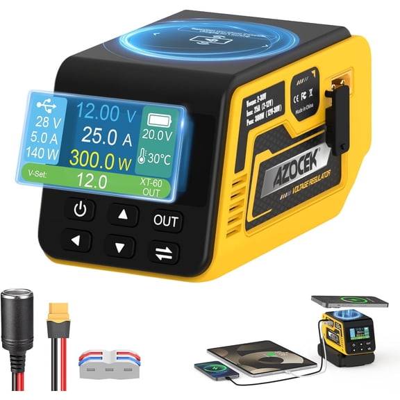 Hisecren 300W Voltage Regulator Compatible with Dewalt 20V Battery, 230V DC Adjustable Output, Up to 25A, 140W USB-C PD3.1, LCD Display & 15W Wireless Charging (Battery Not Included)