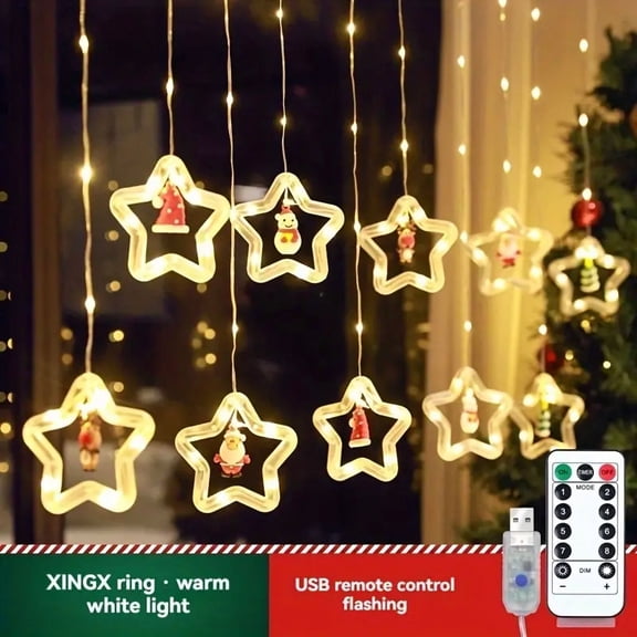 300cm/118.11in Christmas Curtain Lights, 8 Flashing Modes, With Remote Control, DIY Christmas Tree With Hook, Elk, Snowman, Santa Claus, LED Fairy Lights, Christmas Decoration Lights