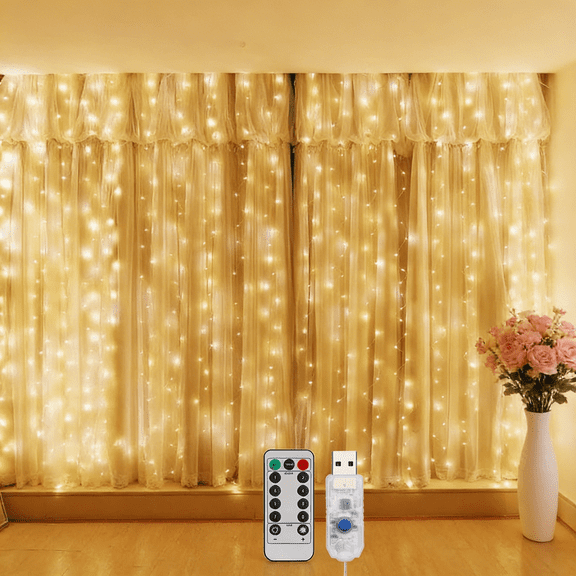 300cm USB LED Curtain String Lights  Remote Control, 8 Twinkle Modes, Dimmable  Window Wall Decor for Christmas, Weddings, Bedroom & Parties