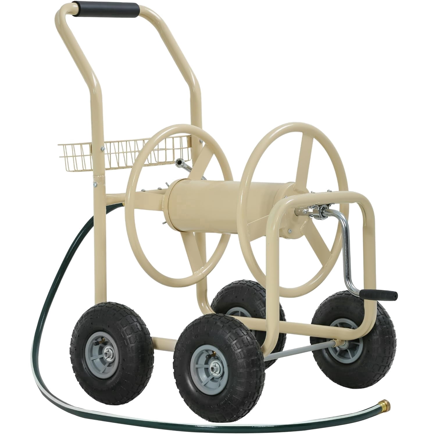 300ft Heavy Duty Hose Reel Cart - Steel Garden Water Hose Storage Cart with 8" Wheels, Foam Grip Handle, Outdoor Yard Hose Reel for Lawn & Garden (Tan)