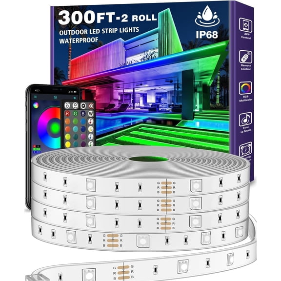 300ft Outdoor Strip Lights ,IP68 Outside Light Strips with App Remote Control,Music Sync Exterior Rope Lights,for Balcony,Deck,Roof,Garden,Pool