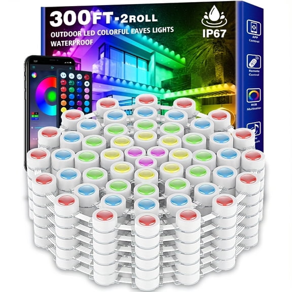 300ft Permanent Outdoor Lights, RGB Gable Lights with App Control Remote, DIY Scene Mode, Outdoor Gable Lights for Outdoor Decorations, Garden Decorations, Houses, Parties, Holidays