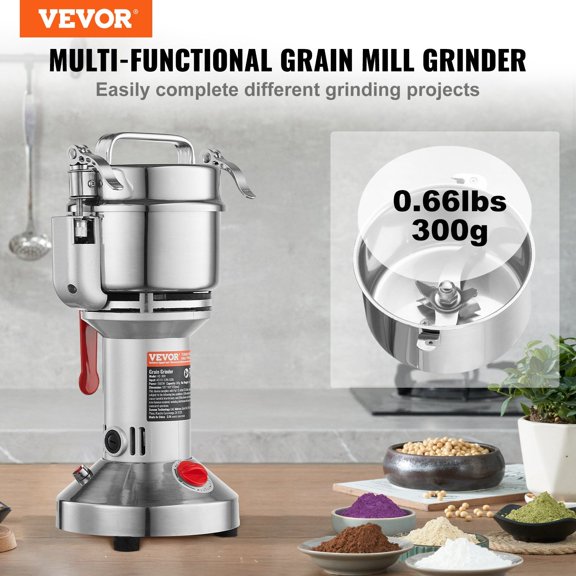300g Electric Grain Mill Grinder, High Speed 1500W Commercial Spice Grinders, Stainless Steel Pulverizer Powder Machine, for Dry Grains Spices Cereals